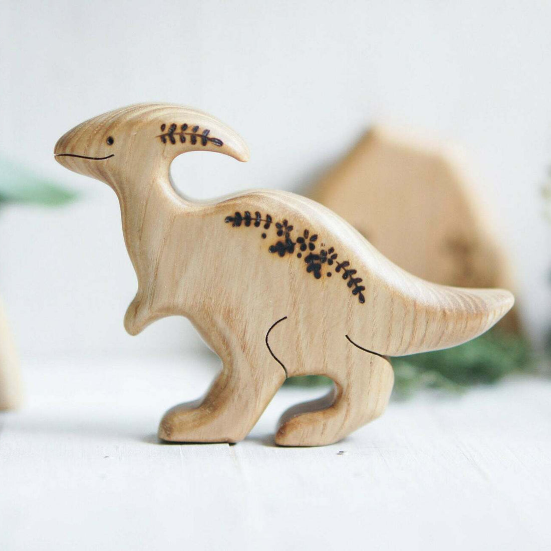Wooden Parasaurolophus, a natural wood animal toy by Tiny Fox Hole, cut and finished by hand from solid wood
