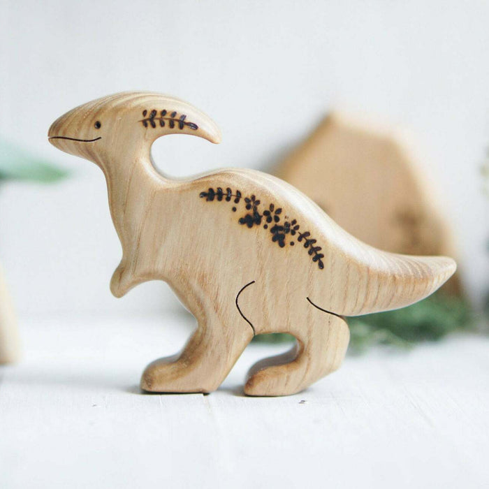 Wooden Parasaurolophus, a natural wood animal toy by Tiny Fox Hole, cut and finished by hand from solid wood