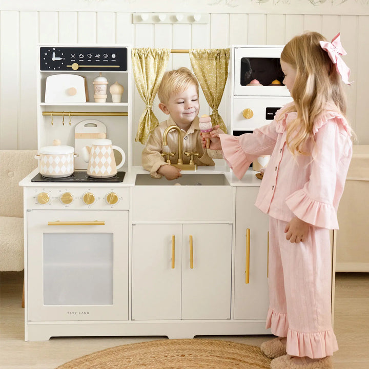 Tiny Land® Iconic Wooden Play Kitchen – Cream Pretend Cooking Set for Kids