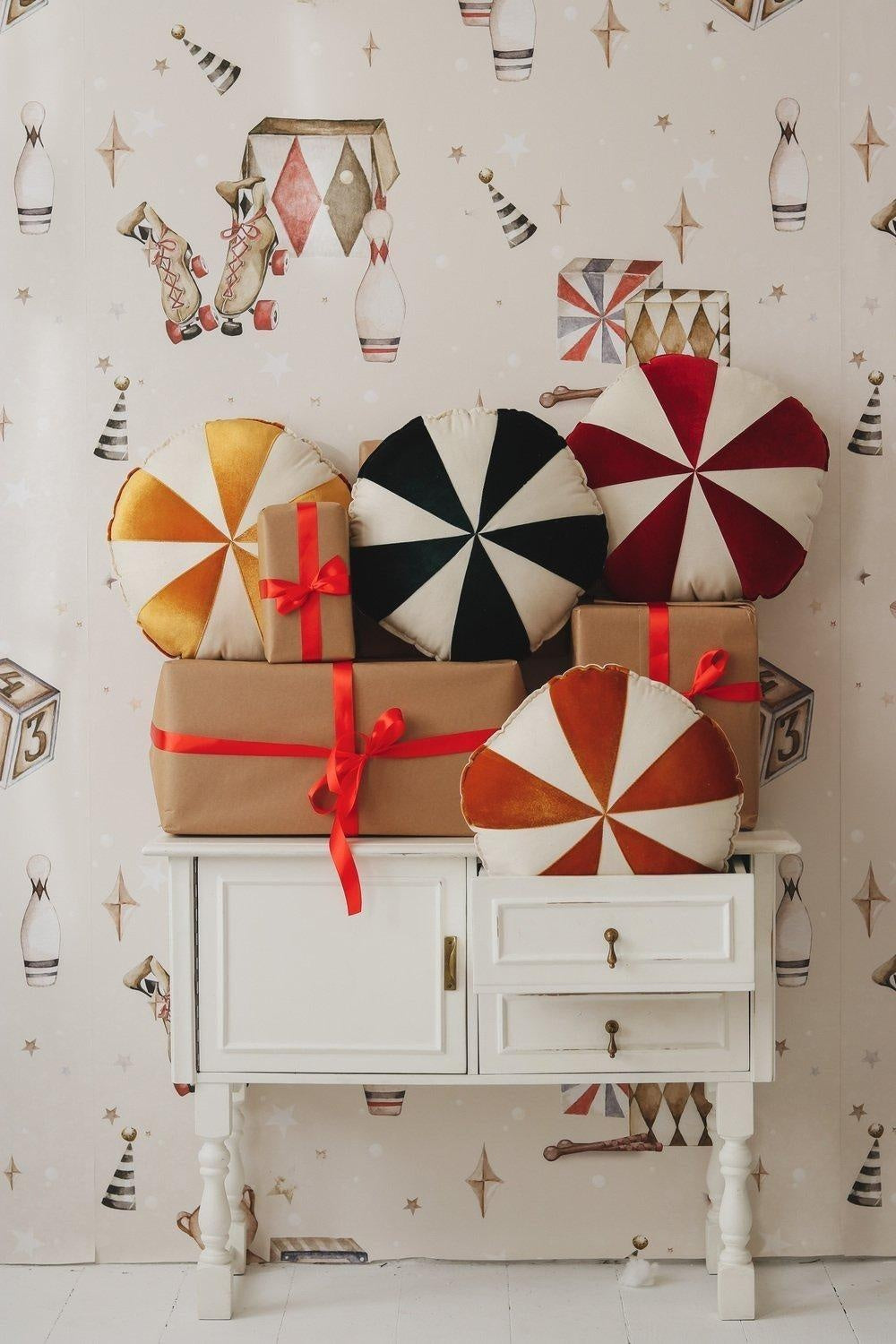 “Red Circus” Round Patchwork Pillow