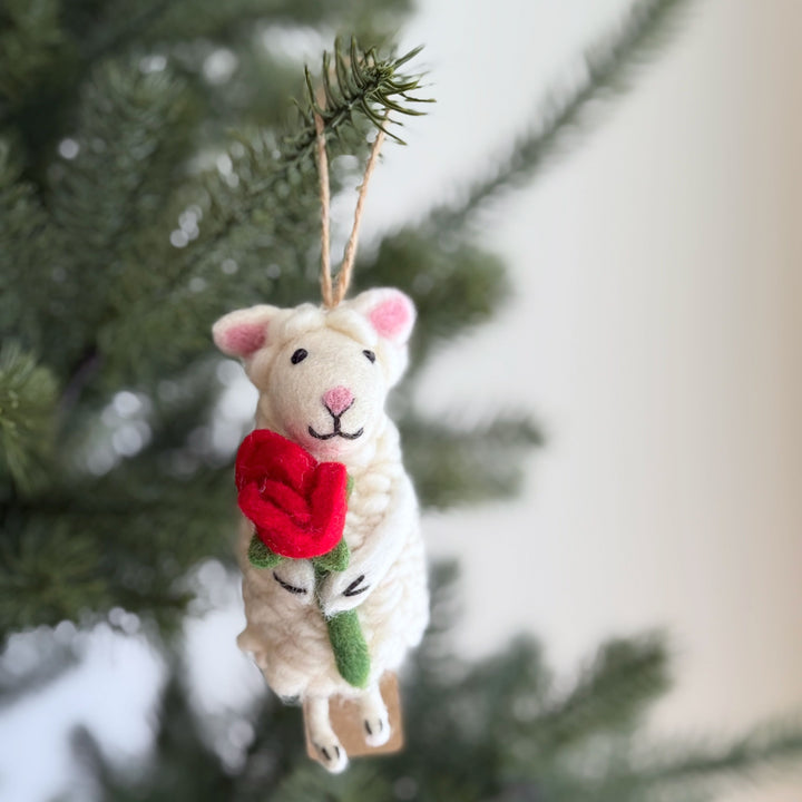 Sheep Holding Rose Ornament