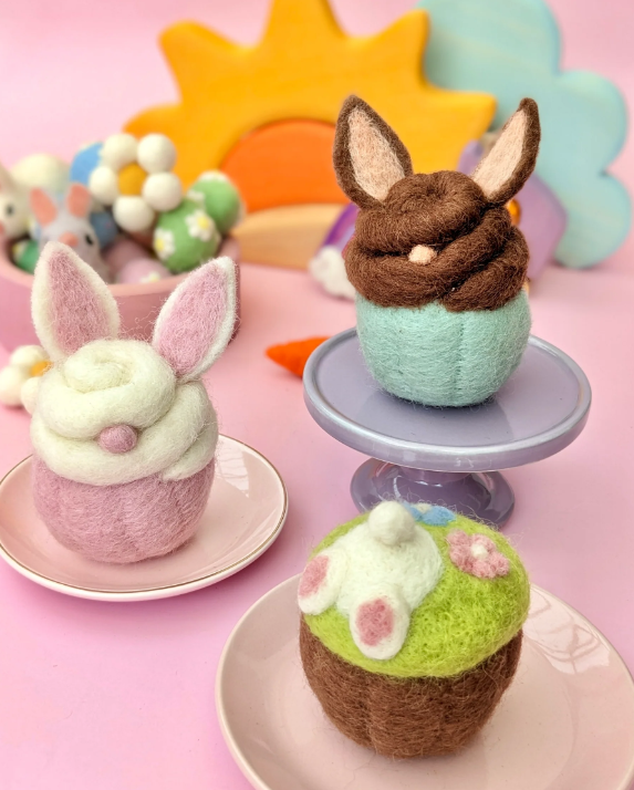 Felt Cupcake, Easter Burrowing Bunny with Flowers