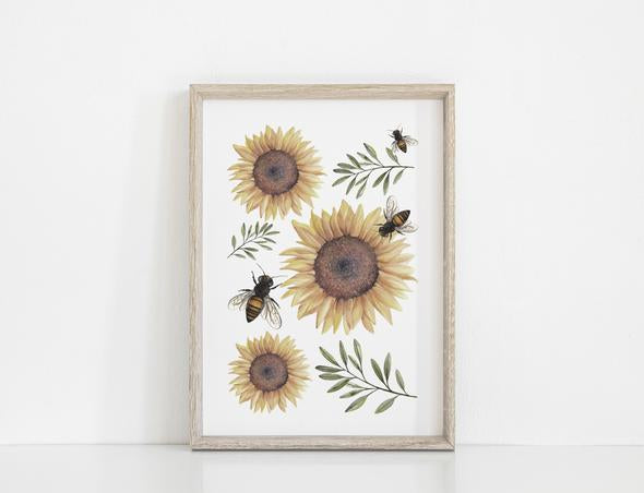 Floral &amp; Fern Sunflower and Bees Print