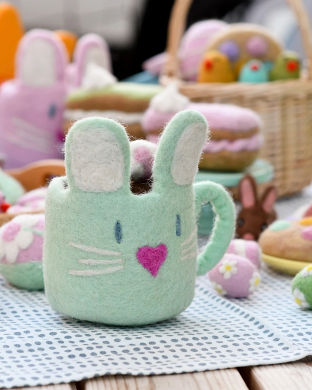 Felt Bunny Hot Chocolate Mug with Marshmallows, Mint Green Cup